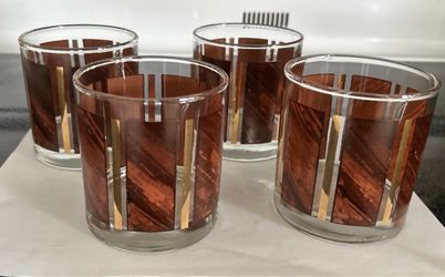 Set of 4 Libbey  Wood Grain & Gold Stripe Lowball Glasses MCM