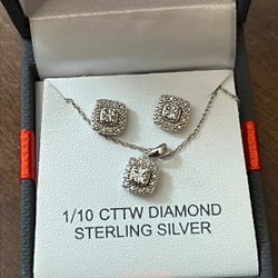 1/10 Cttw Natural Diamond Sterling 92.5 Silver Earing Necklace Set 