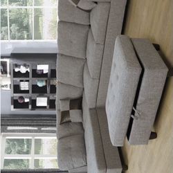 Gray Sectional Couch with Ottoman Fabric Linen 