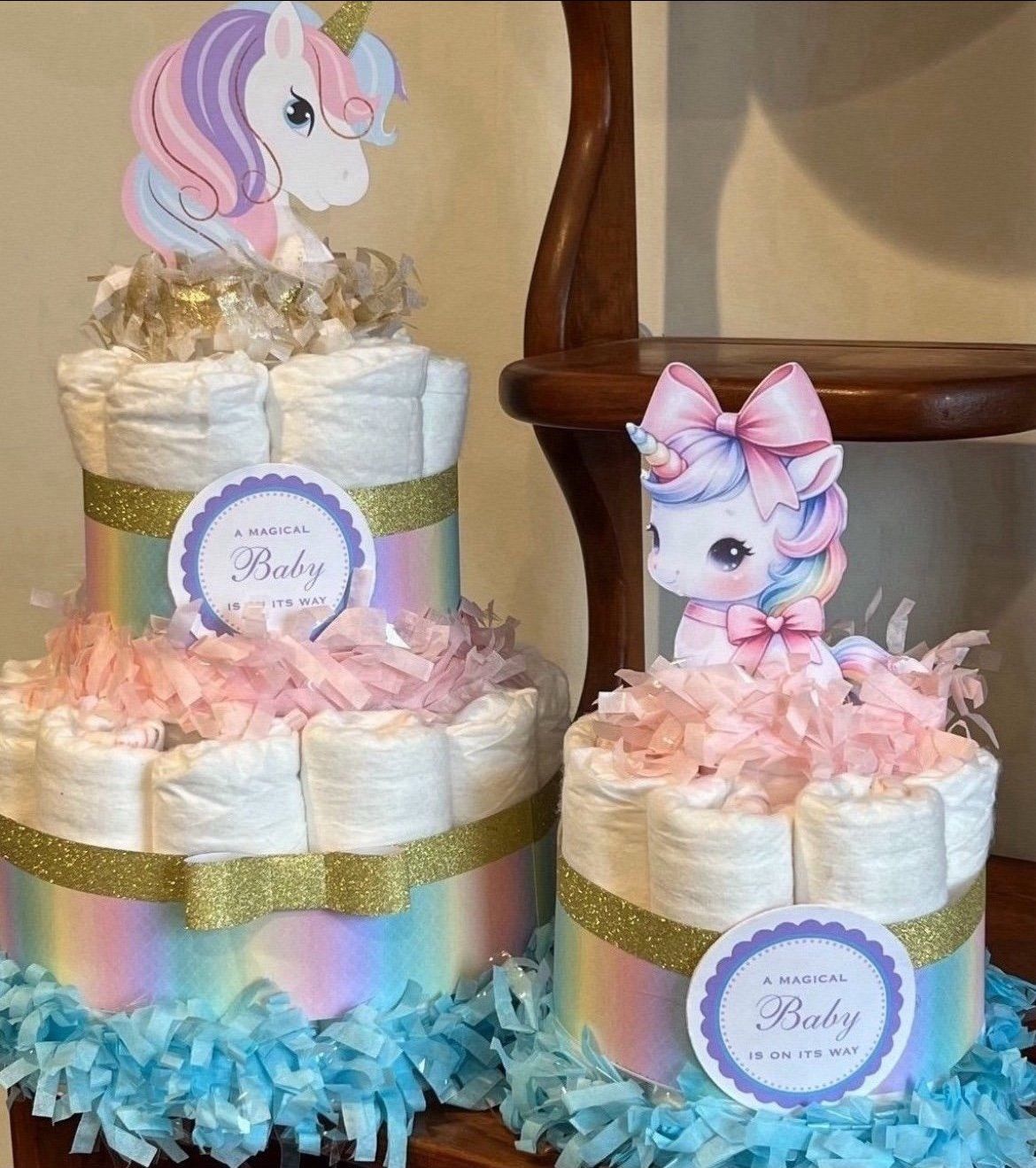 2 PINK BLUE GOLD PURPLE unicorn Theme Diaper Cakes