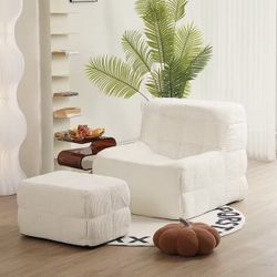 Boneless Floor Lounge Chair Indoor with Ottoman, Comfy Corduroy Bean Bag Lazy Sofa with High-Density Foam for Small Spaces, Cloud Couch Accent Reading