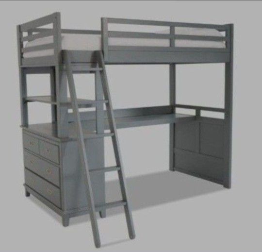 Gray Full Size Bunk Bed With Drawers And Desk.