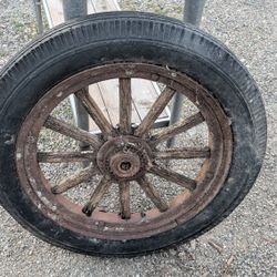 Antique Wooden Spoked Carriage Wheel with Solid Rubber Tire 30.5”
