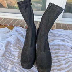 Chunky Heel Boots Glittery Black Zip Up Size 7.5