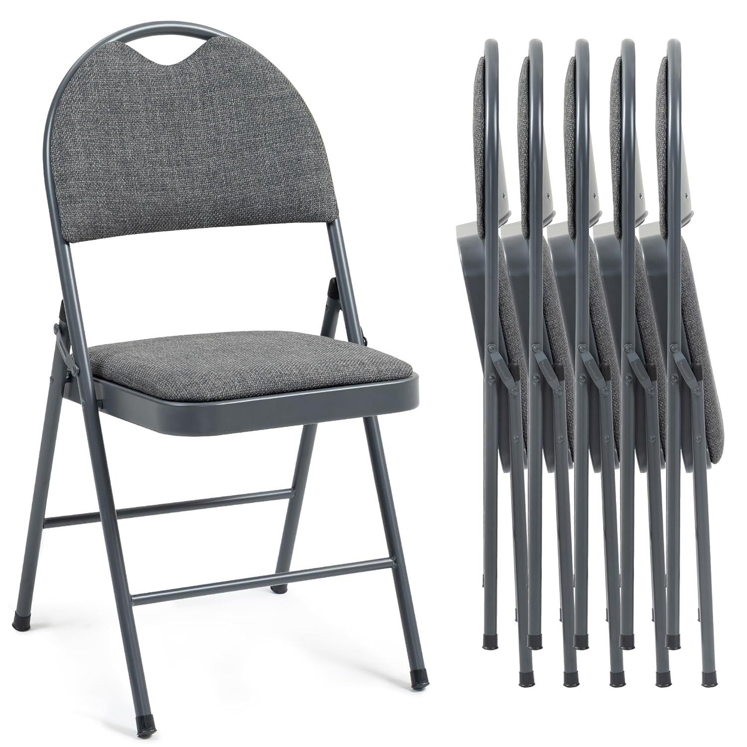HOMEFUN Folding Chairs with Cushion Padded Foldable Chair 6 Pack Portable and Assembled Fold Dining Seat for Guests Kitchen Office Wedding Party Grey