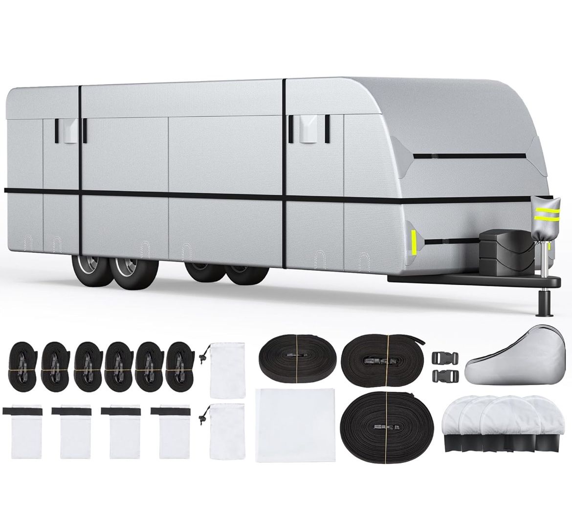 30'-33' Travel Trailer RV Cover, 300D Windproof Rip-Resistant Anti-UV Camper Cover with Jack Cover Storage Bag Repair Patches and Tire Covers