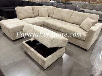 New Tan Fabric Sectional Sofa and Reversible Chaise Lounge Set with FREE STORAGE OTTOMAN Ashley Style Beige Modern Couch Big Discount Clearance SALE