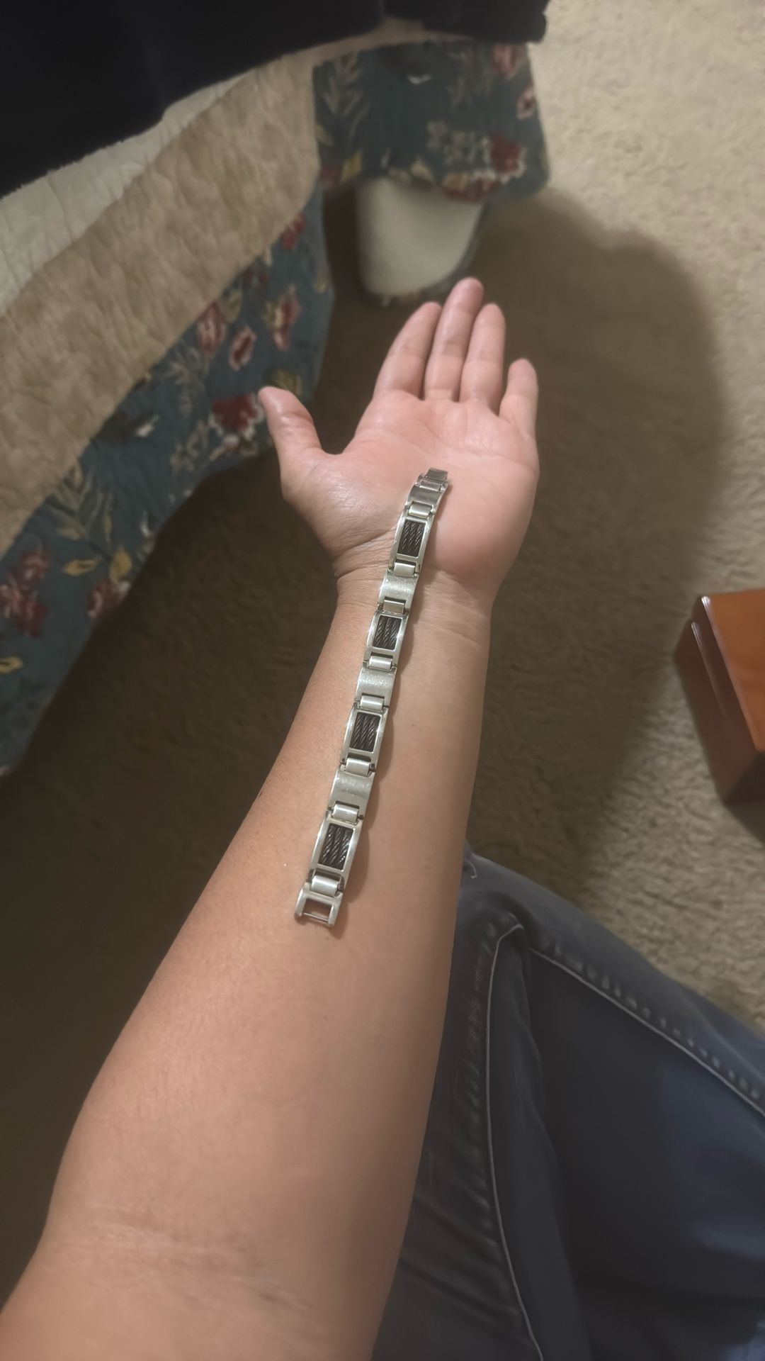 Mens stainless steel black and silver bracelet