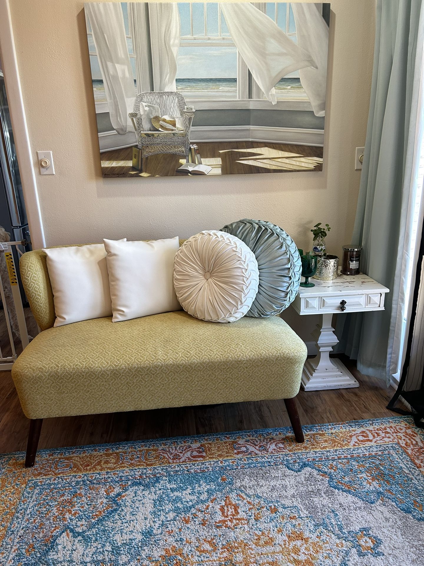 Yellow Gold Color Vintage Settee , Small Table, Wall Picture!