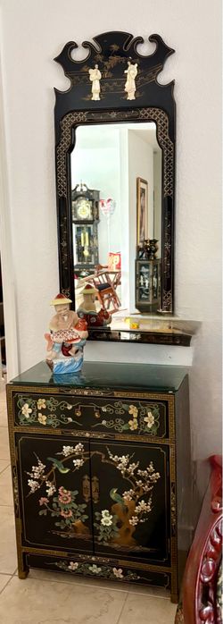 Asian Oriental Black Lacquer cabinet and mirror