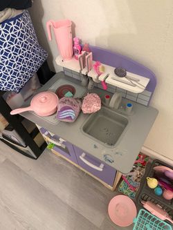 Kids Wooden Play Kitchen Set Purple Gray