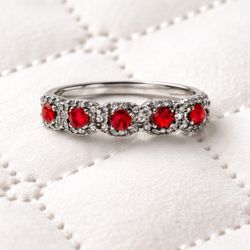 Red Stone & CZ Eternity Style Ring (Silver Tone)