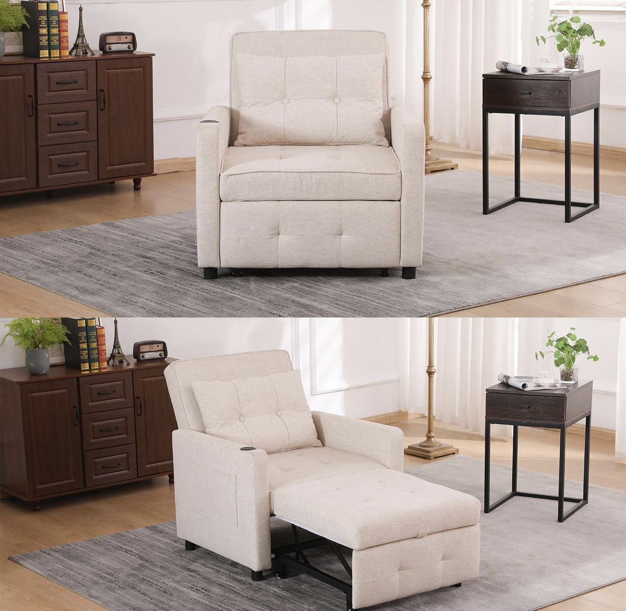 3 in 1 Convertible Sleeper Chair,Multi-Functional. Beige