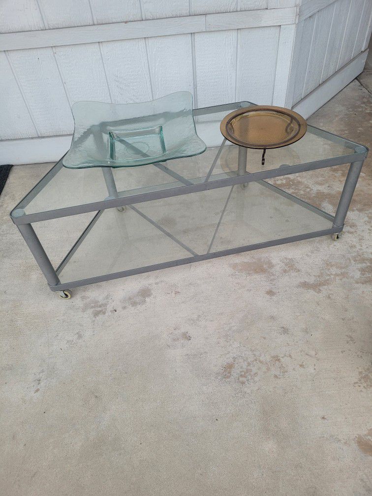 Glass Table On Wheels, Butterfly Bowl And Tray All For $19