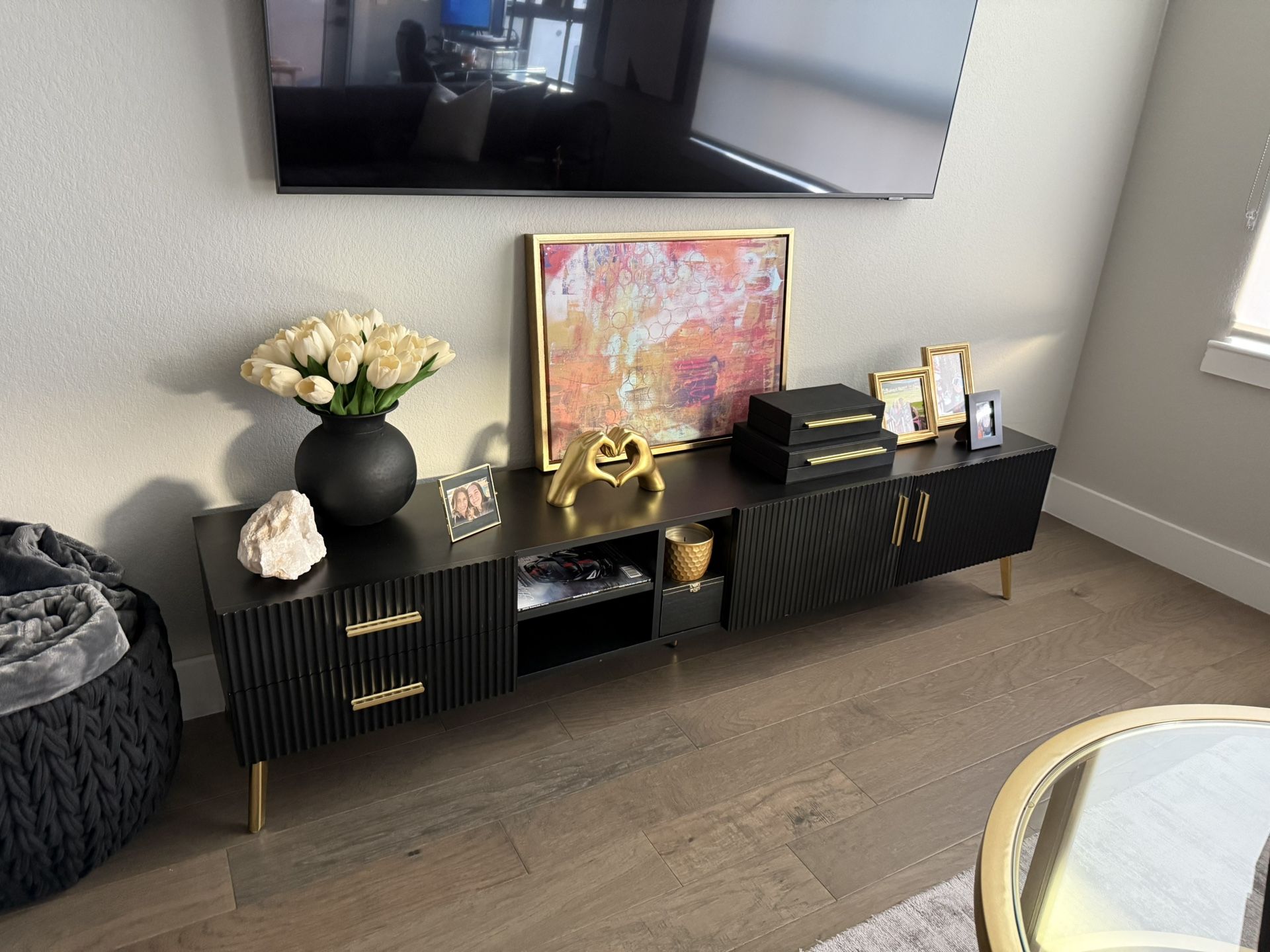 New Assembled Black Wood Media Center Tv Console Brass