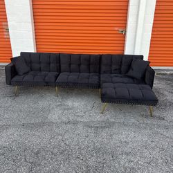 NEW!  Black Velvet Sectional Sleeper Sofa 🚛 SAME DAY DELIVERY
