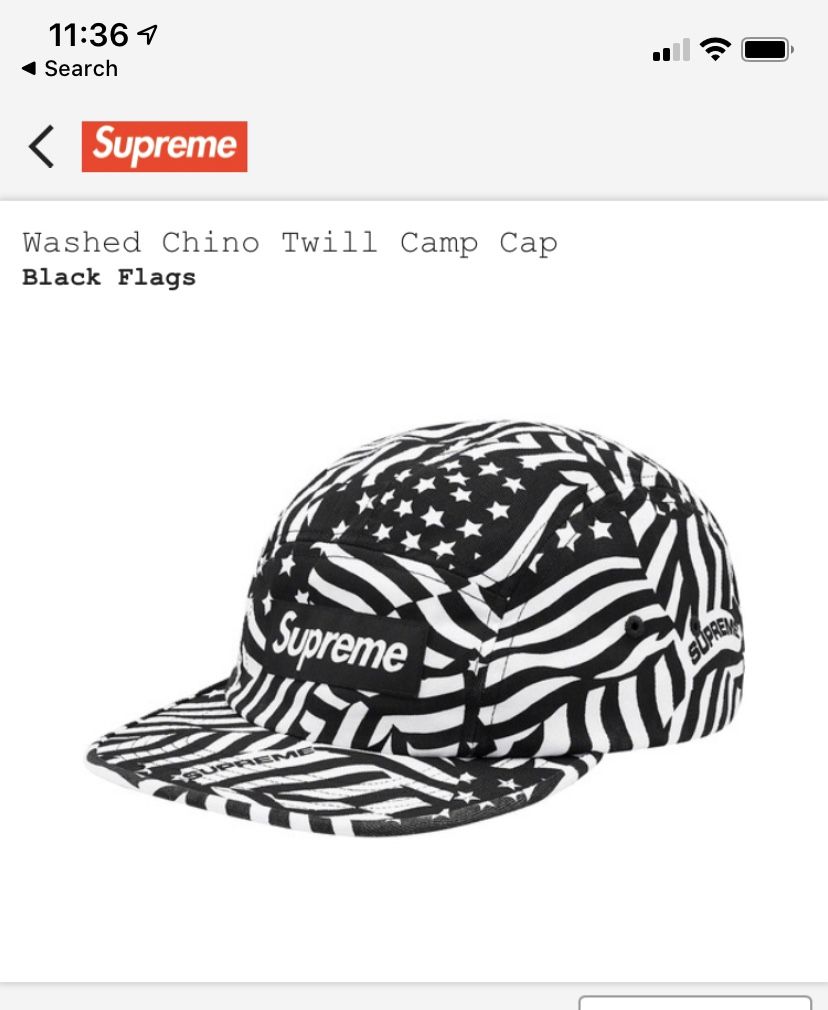 Supreme Washed Chino Quill Camp Cap Black Flags. Deadstock