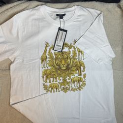 One of One Premium White Cotton T-Shirt Gold Tiger & Safari Animal Crest Graphic Size US L