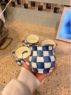 Mackenzie Childs blue checkered mug set