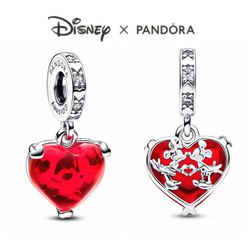 PANDORA Disney Mickey & Minnie Mouse Kiss Red Murano Glass Dangle Charm