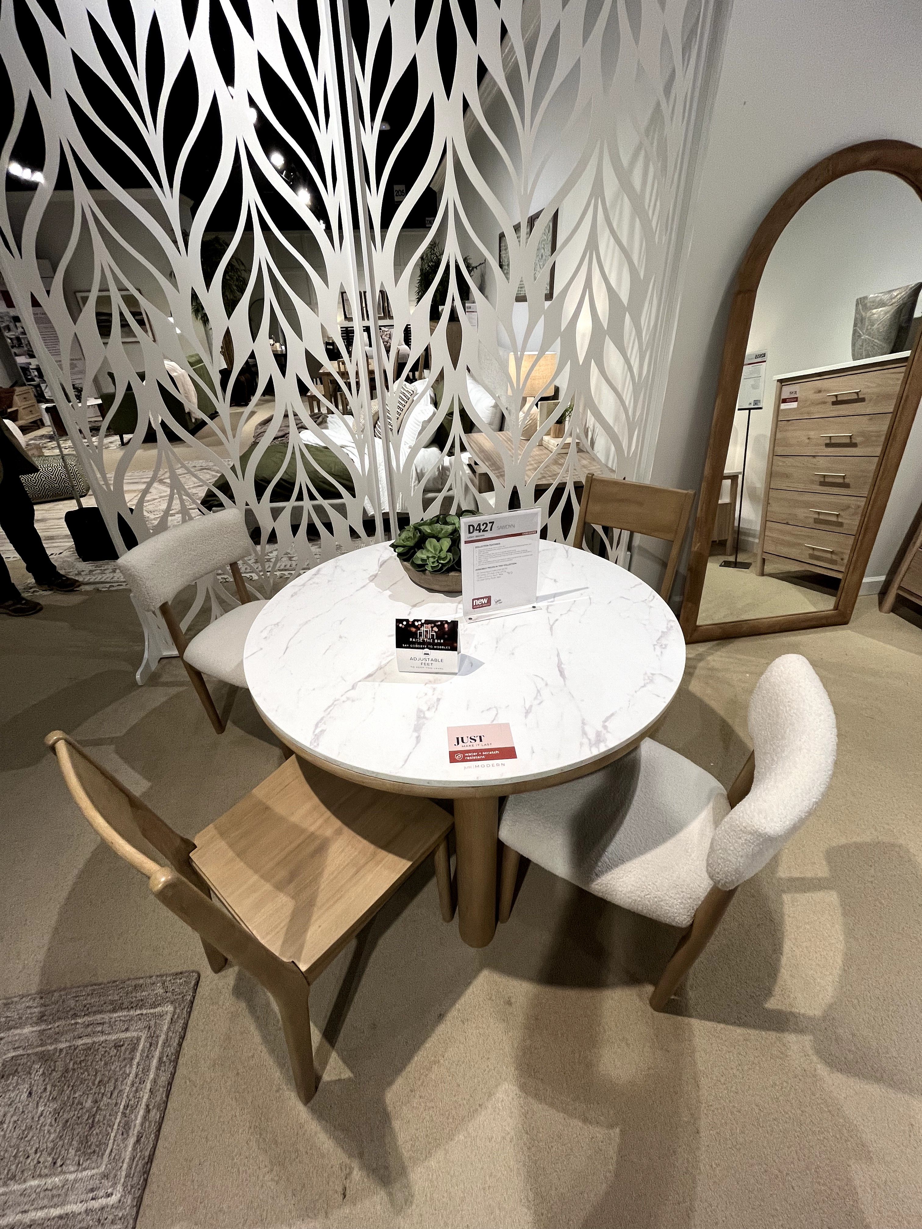 Solid Wood Round Dining Table and White Boucle Chairs (Set of 5)