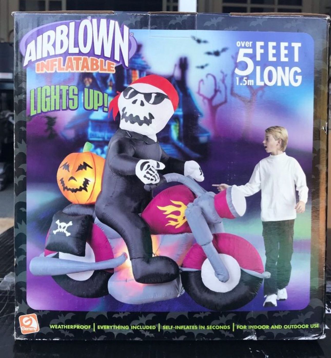 Rare Halloween 5 foot long inflatable skeleton on motorcycle - blow up airblown - Gemmy