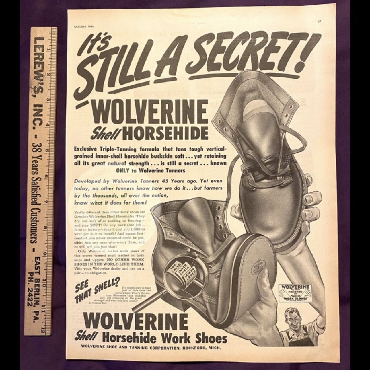Large Original 1948 Wolverine Work Shoes Print Ad