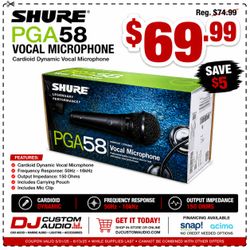 Shure PGA58 Vocal Microphone Cardioid Dynamic Mic Clip + Carrying Pouch Karaoke DJ Live 🚨 Payment Options Available 🚨 No Credit Needed 🚨