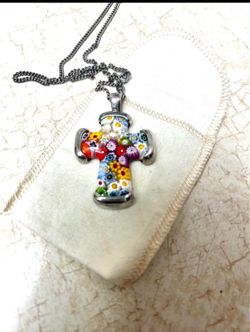 Murano Millefiori Glass/Sterling Silver Cross Necklace