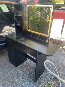 Vanity Desk Set with Mirror and LED Lights, Makeup Table with 2 Drawers & 1 Cabinet, Power Outlet
