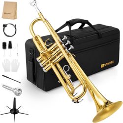 NEW Vangoa Bb Trumpet Brass Gold Trumpet Instrument for Student School Band Orchestra Adult Kid Beginner with Hard Case, Stand, Cleaning Kit, Whi