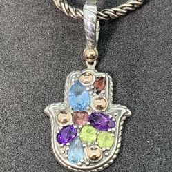 Refurbished to like New condition polished and steam cleaned. EFFY HANSA HAND PENDNAT NECKLACE. MULTISEMIPRECIOUS STONES: BLUE TOPAZ, AMETHYST, RHODOL