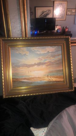 Framed Beach Sunset Oil Painting