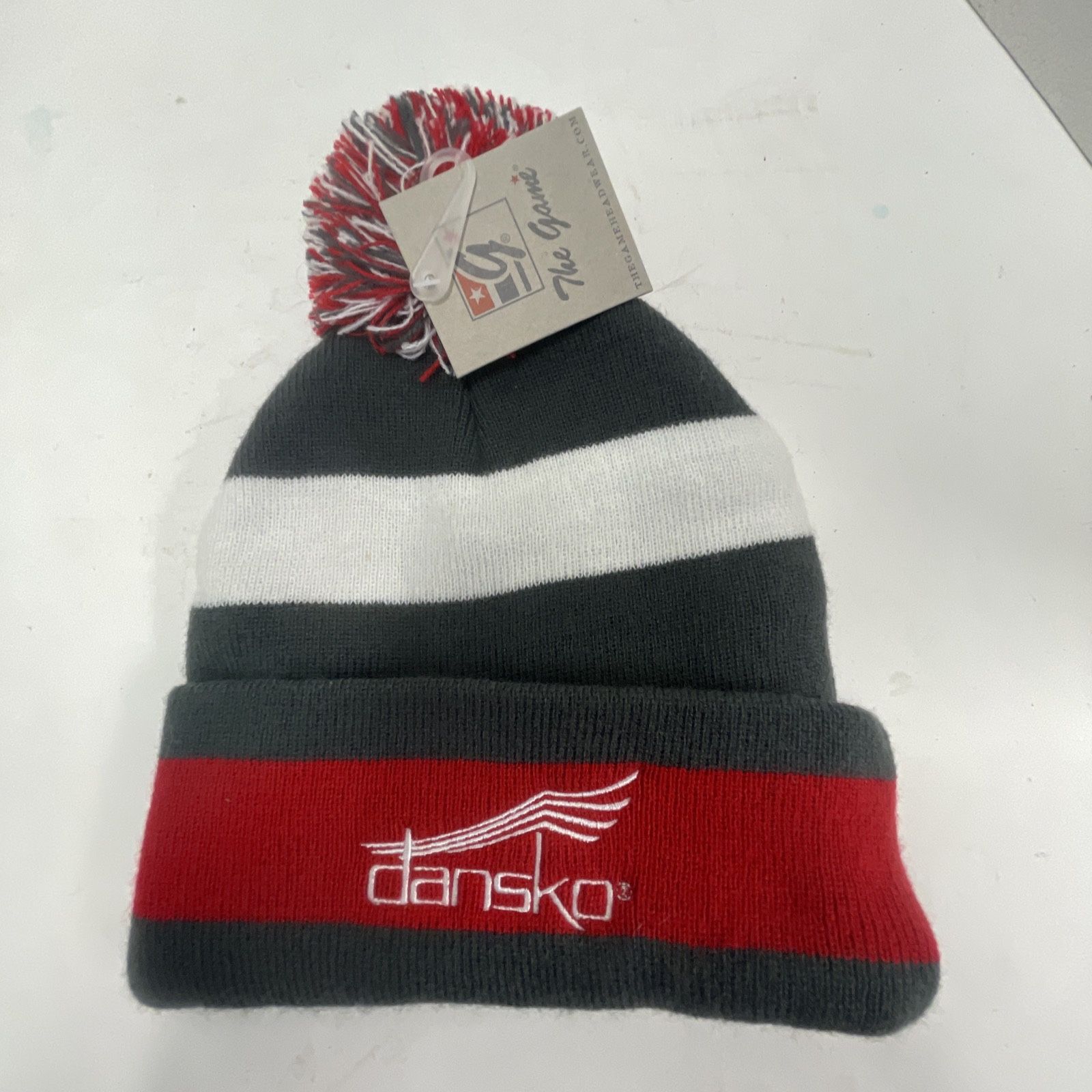 Dansko Knit Winter Hat Cap Pom Pom by The Game - Gray Red White Argyle - New