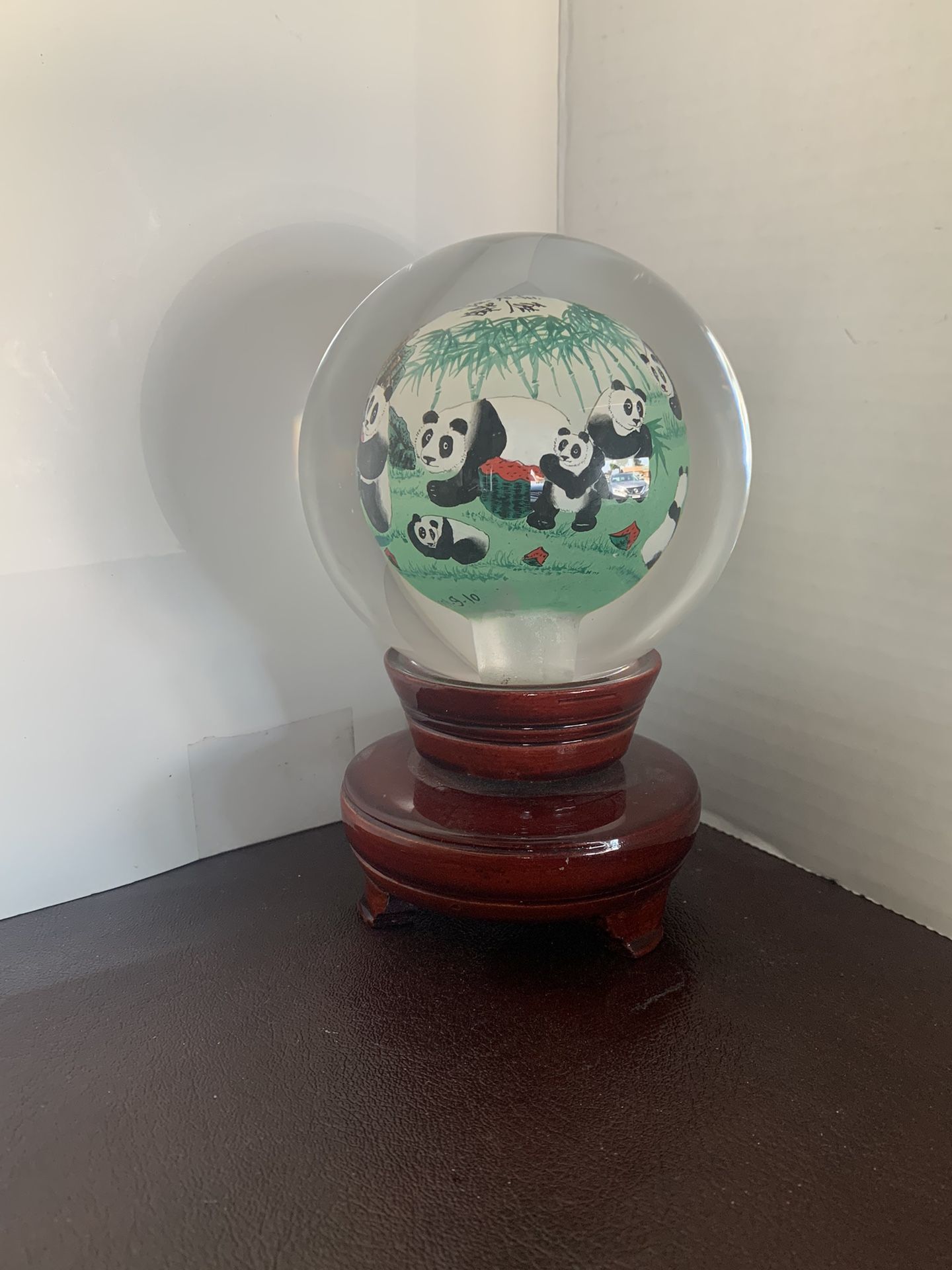 ORIENTAL Crystal Glass Reverse Hand Painted  PANDA BEAR GLOBE W/TEAK STAND