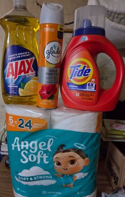 Bundle: Angel Soft (6=24 Rolls), TIDE 25 loads/32oz, Glade Aerosol 8oz, & Ajax Dish Soap 28oz for $18/$18 por los 4