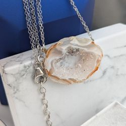 Natural Geode Slice Druzy 925 Sterling Silver Necklace 👌