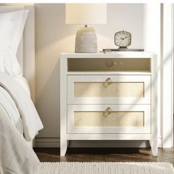 Dowinx 23.6-inch White Nightstand with Charging Station, 2 Drawers and Storage Shelf, Boho Rattan Bedside Table, Side End Table for Bedroom, White