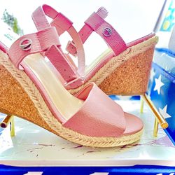 •{DESIGNER}• Nautica Size 9.5 Pink Leather Wedge Espadrilles 