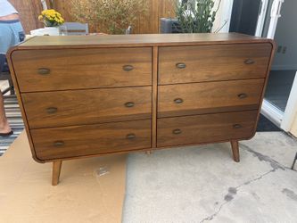 New Mid Century Dresser With Curved Corners. Pine Wood / Walnut Finish. 61”x17”Dx36”H. Free Delivery!