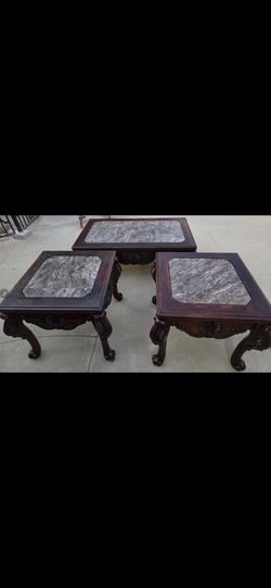 Carved Wood Marble Top, End Tables and 1 Coffee Table Set of 3