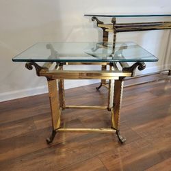 Vintage Brass & Glass Top Console Table And Matching End Table 