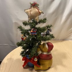 Winnie The Pooh Christmas Santa Holding Tree In Blue Pot Vintage Lights Work