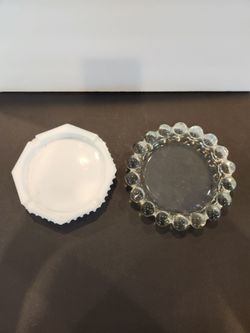 Vintage glass ashtrays, 7" clear glass, 7" white hobnail