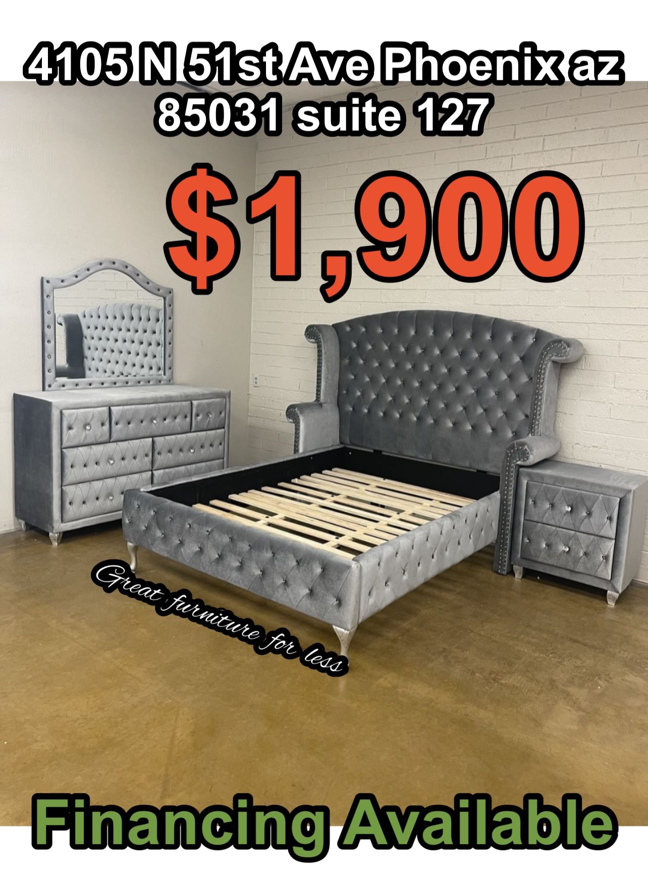 4 PCs Queen Size Bedroom Set Grey Velvet Include Bed Frame Dresser Mirror Nightstand Brand New