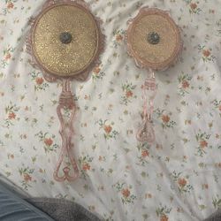  Vintage Pink Vanity Mirror & Brush Set – Ornate Floral Design 