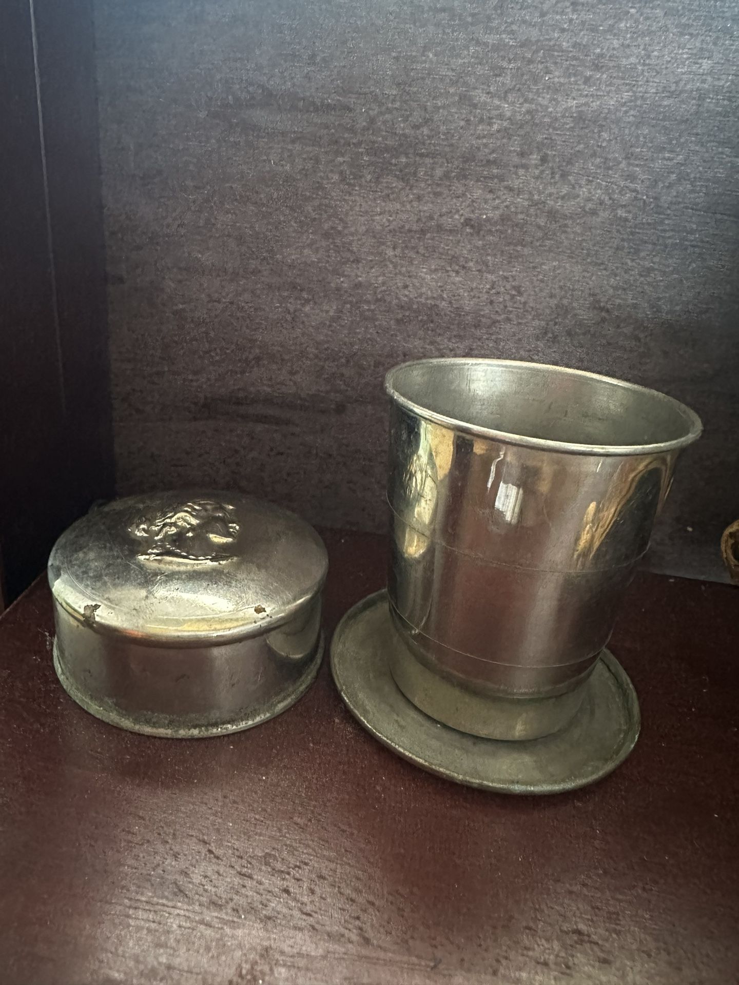 Vintage Plated Tin Expandable Collapsible Travel Cup Embossed Woman Cameo Lid