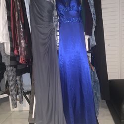 Prom Event Gowns. New Dark Gray Embellished One -Shoulder Size 6 And Blue Satin  Jeweled Size 3/4 Used 2 Hours . Both Lined. $60 Each 