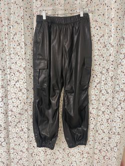 Black Faux Leather Cargo Jogger Pants