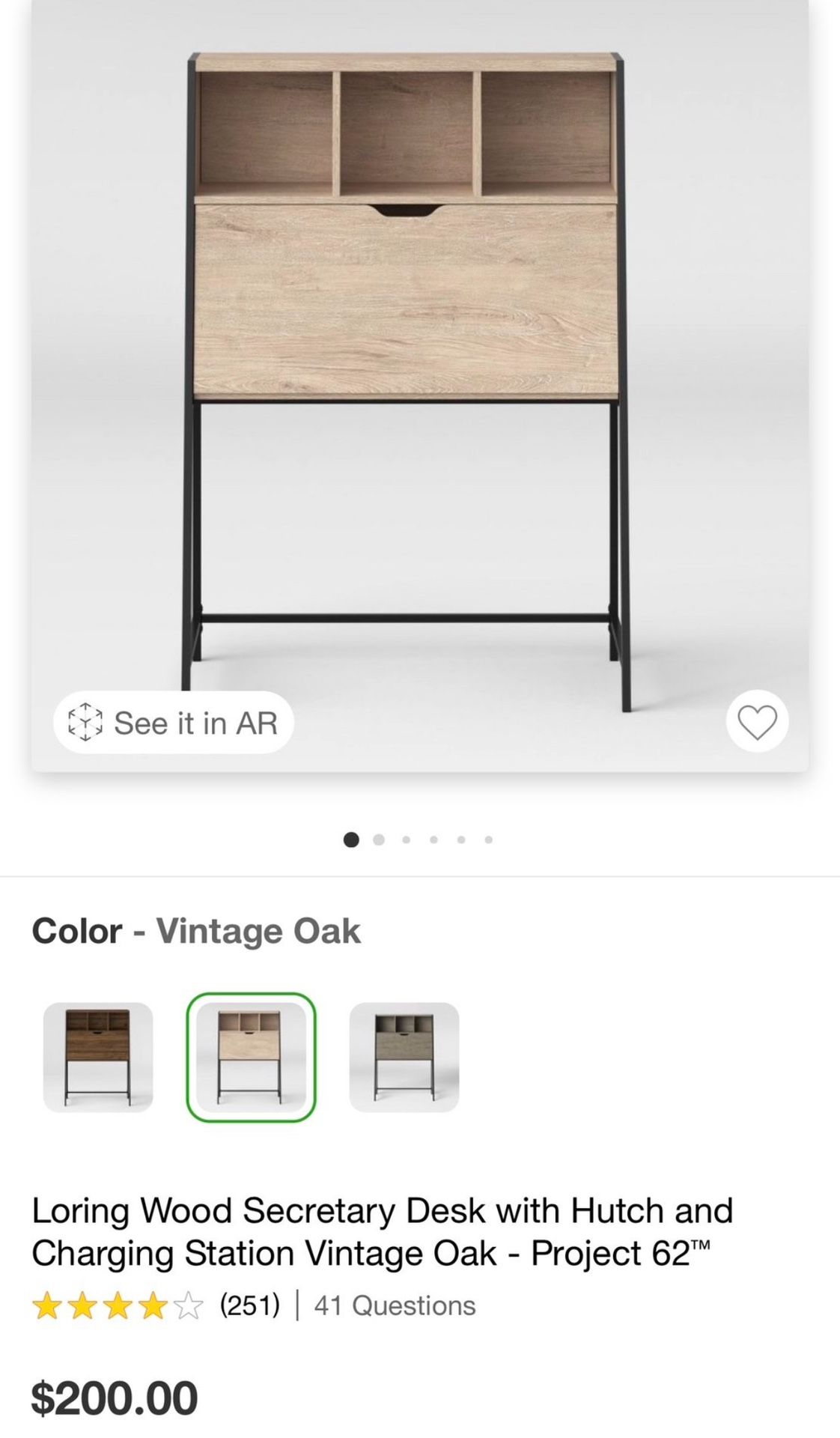 Loring Wood Secretary Desk with Hutch and Charging Station Vintage